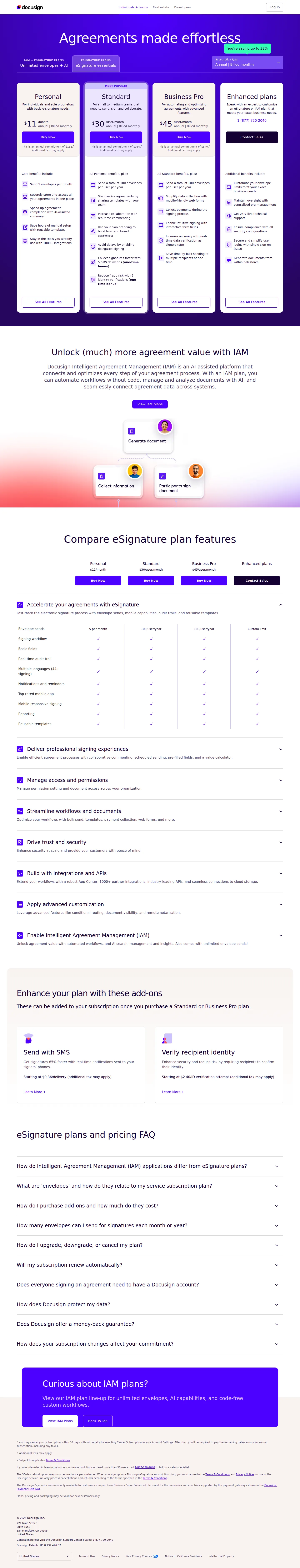 Facts captured — current eSignature + IAM web pricing - eSignature web plans priced at $11/mo (Personal, $132/yr), $30/user/mo (Standard